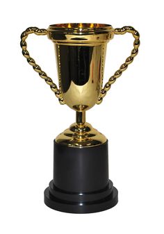 a gold trophy on a black pedestal with chain around it's edges and the top part of its body