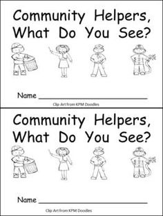 two coloring pages with the words community helpers and what do you see?