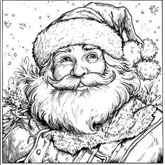 a black and white drawing of santa claus