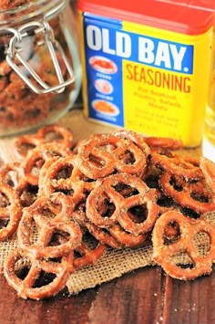 old bay seasoning sits next to some pretzels