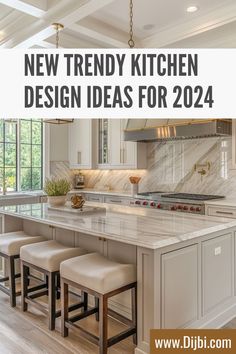 a kitchen with white cabinets and marble counter tops in front of a window that reads, new trendy kitchen design ideas for 2021