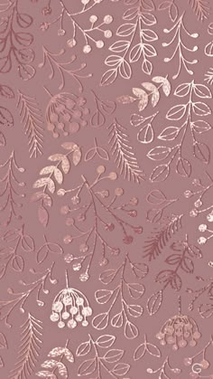 a pink and gold wallpaper with leaves, berries, and flowers on the side