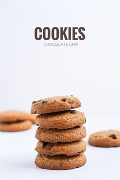 chocolate chip cookies stacked on top of each other in front of a white background with text overlay