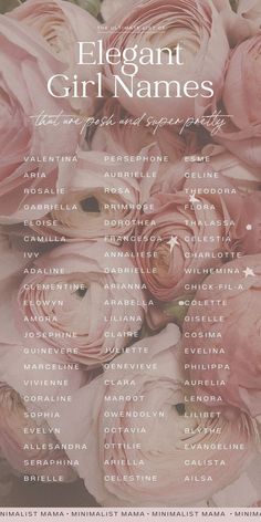 an elegant girl names poster with pink roses