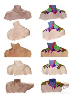 six different angles of the neck and upper half of an adult's head, with multiple colored sections