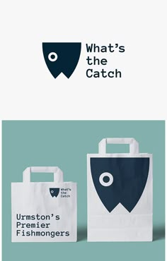 two bags with the words what's the catch? and an image of a fish on