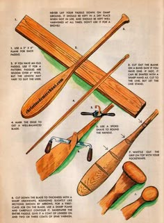 an old woodworking manual showing different types of paddles and oars on display