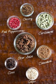 seven different spices in small glass bowls on a wooden table with the names of them