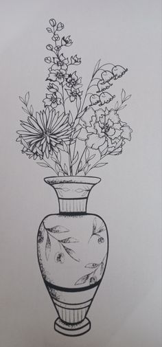 a drawing of a vase with flowers in it