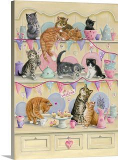 a painting of cats sitting on top of shelves with teacups and plates in front of them