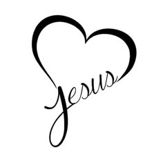 the word jesus written in black ink on a white background with a heart shaped frame