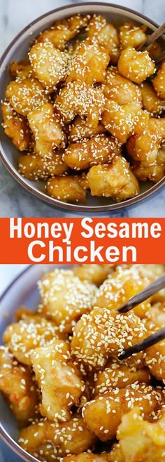 honey sesame chicken in a bowl with chopsticks next to it and the words honey sesame chicken on top