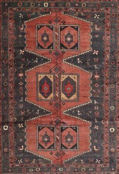 an antique persian rug with red, black and tan colors on the bottom half of it