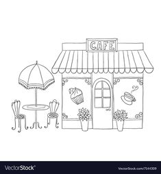 a coffee shop with an umbrella and chairs in front of it royalty photo - illustration