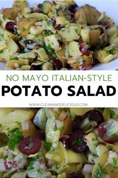 two pictures with the words no mayo italian style potato salad