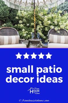 an umbrella and chairs with the words small patio decor ideas on it in front of a blue background