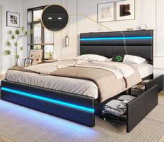 a bed with blue lights on the headboard and foot board is in a white room