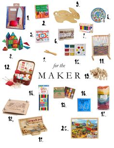 an assortment of wooden toys and crafts for the maker