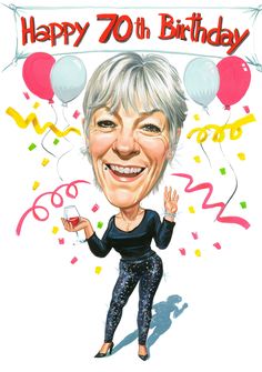 a caricature of an older woman celebrating her 70th birthday with balloons and confetti