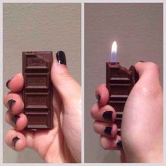 someone is holding a chocolate bar with a lit candle in their hand and the caption reads, i'd probably get too high & try to eat it