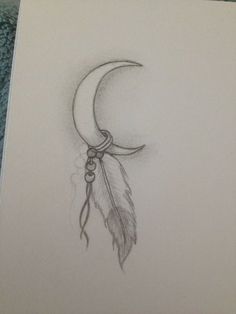 a pencil drawing of a crescent with a feather hanging from it's back end