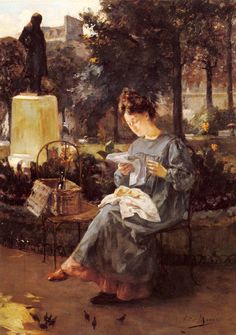 a painting of a woman sitting on a bench in a park with birds around her