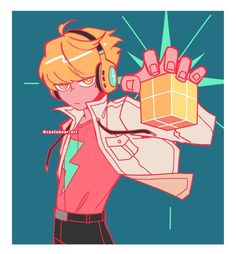 an anime character with headphones on holding up a cube in front of his face