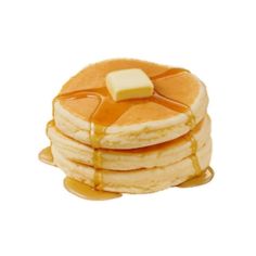 a stack of pancakes with syrup and butter on top, sitting next to each other