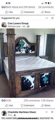 a wooden bed with cow hide on the headboard and foot board, made out of wood