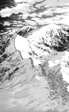 black and white photo of snow covered mountains with clouds in the sky over them, taken from an airplane