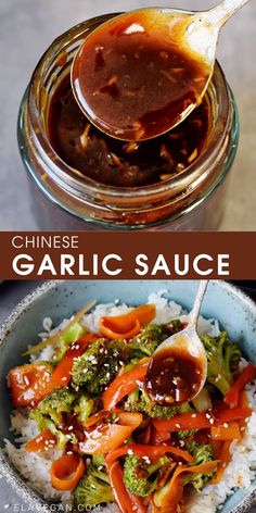 chinese garlic sauce in a bowl with rice and broccoli