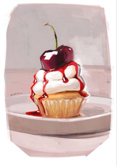 a painting of a cupcake with a cherry on top