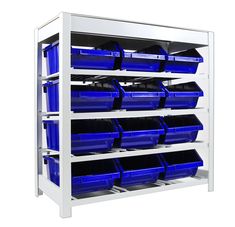 a white shelving unit with blue bins