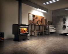 a wood burning stove in a large room