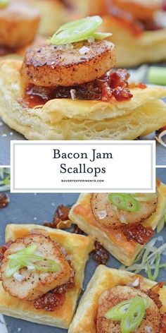 bacon jam and scallops on top of puff pastry with the title above it