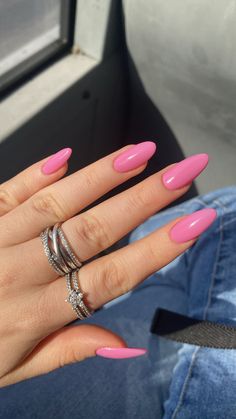 pink nails Pink Oval Nails, 2016 Nails, Bubblegum Pink Nails, Barbie Pink Nails, Dark Pink Nails, Barbie Nails, Solid Color Nails, Pink Gel Nails, Almond Acrylic Nails