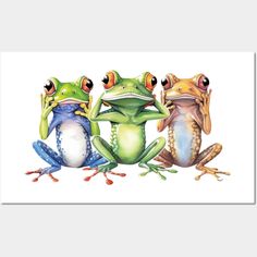 three frogs are sitting next to each other