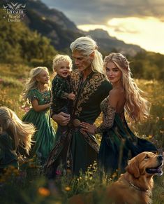 an older man with two young children and a golden retriever in a field full of wildflowers