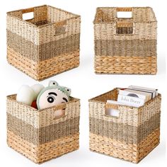 four baskets with books and toys in them on a white background, one is empty