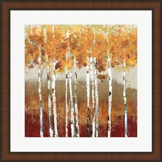 an abstract painting of trees with orange leaves