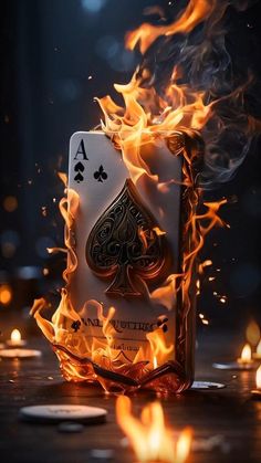 a burning ace playing card sitting on top of a table