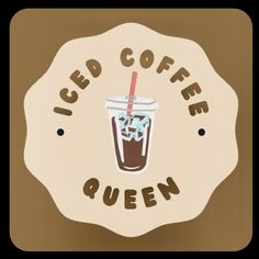 the iced coffee queen logo is shown on a brown and white circle with a straw in it