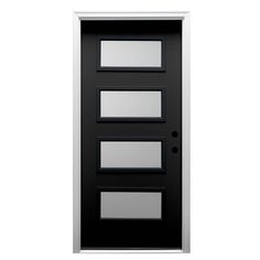 a black and white door with three glass panels on the front side, against a white background