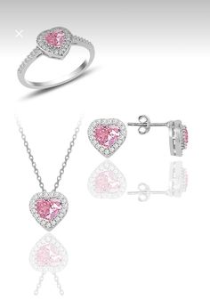 925 sterling silver rhodium-plated heart necklace, earrings, and ring set with zircon stones. Mount Size: 9 mm for earrings, 8.3 mm for the ring. Product Features: Color: Silver,Pink Size/Dimension: 45 cm Package Content: Set of 3 Purity: 925 Sterling Material: Silver What Factors Affect the Tarnishing of Silver Products? Chemical Products: Products containing chemicals - especially those rich in sulfates - can cause the silver material to tarnish very quickly. Contact with sulfate-containing pr Pink And Silver Necklace, Cubic Zirconia Heart Jewelry Sets For Gifts, Pink Heart-shaped Jewelry With Sparkling Stones, Heart Shaped Sterling Silver Jewelry Sets As Gift, Pink Jewelry Sets For Valentine's Day, Valentine's Day Gift Cubic Zirconia Jewelry For Her, Sterling Silver Jewelry Sets For Valentine's Day, Pink Jewelry With Sparkling Stones For Gift, Pink Sparkling Stones Jewelry Gift