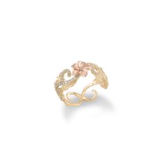 Adorned with tropical flowers, ferns, leaves and intricate scrollwork, our unique Hawaiian Heirloom designs are cherished Island keepsakes with tradition that traces back to Hawai‘i’s Queen Lili'uokalani. Hawaiian Heirloom Plumeria Design Ring 14k Yellow Gold and 14k Rose Gold 8mm Natural Diamond: 0.408 CTW Additional sizes available for special order, contact us Exclusively Made in Hawaiʻi Forever Guarantee (Warranty on the life of the piece) Free Shipping on USA Orders $100 or more Hawaiian Wedding Ring, Hawaiian Wedding Band, Hibiscus Ring, Hawaiian Style Wedding, Hawaiian Ring, Plumeria Design, Hawaiian Wedding Rings, Tattoo Rings, Plumeria Tattoo