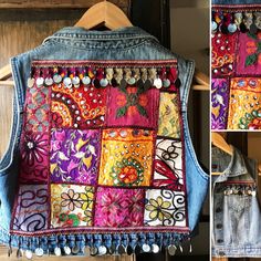 the back of a jean jacket with colorful patches and buttons on it