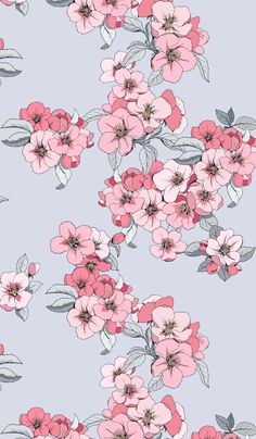 pink flowers and leaves on a blue background