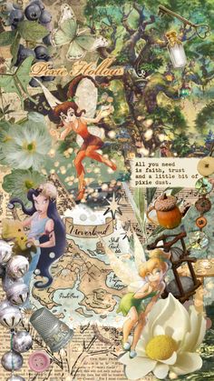 a collage with many different pictures and words on it's side, including an image of tinkerbells