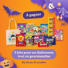 an advertisement for halloween candy with pumpkins and bats on the background, in french