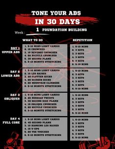 a black and red poster with the words, tone your abs in 30 days i foundation building